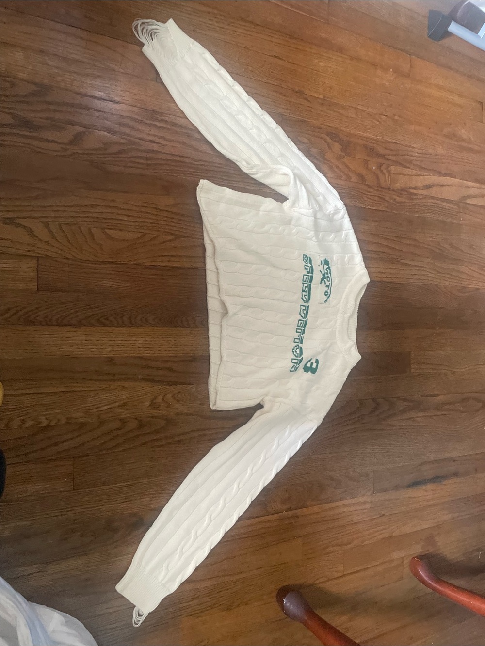 White Cable-Knit Kids Sweater with Teal Logo